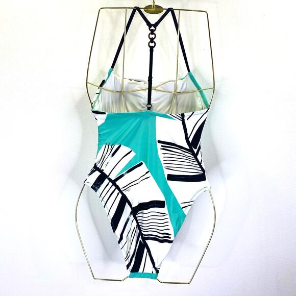 TRINA TURK Copacabana One Piece Swimsuit Tropical Print Teal Black Strappy Sz 4 - Picture 9 of 14